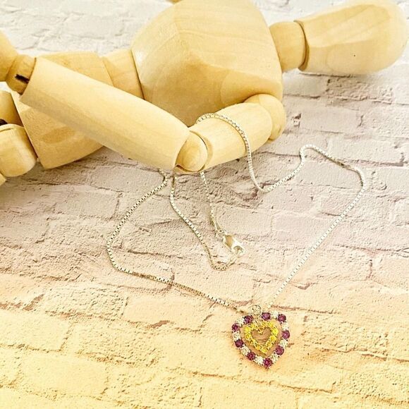 Sterling Silver Colored Cz Heart Necklace - Picture 1 of 6